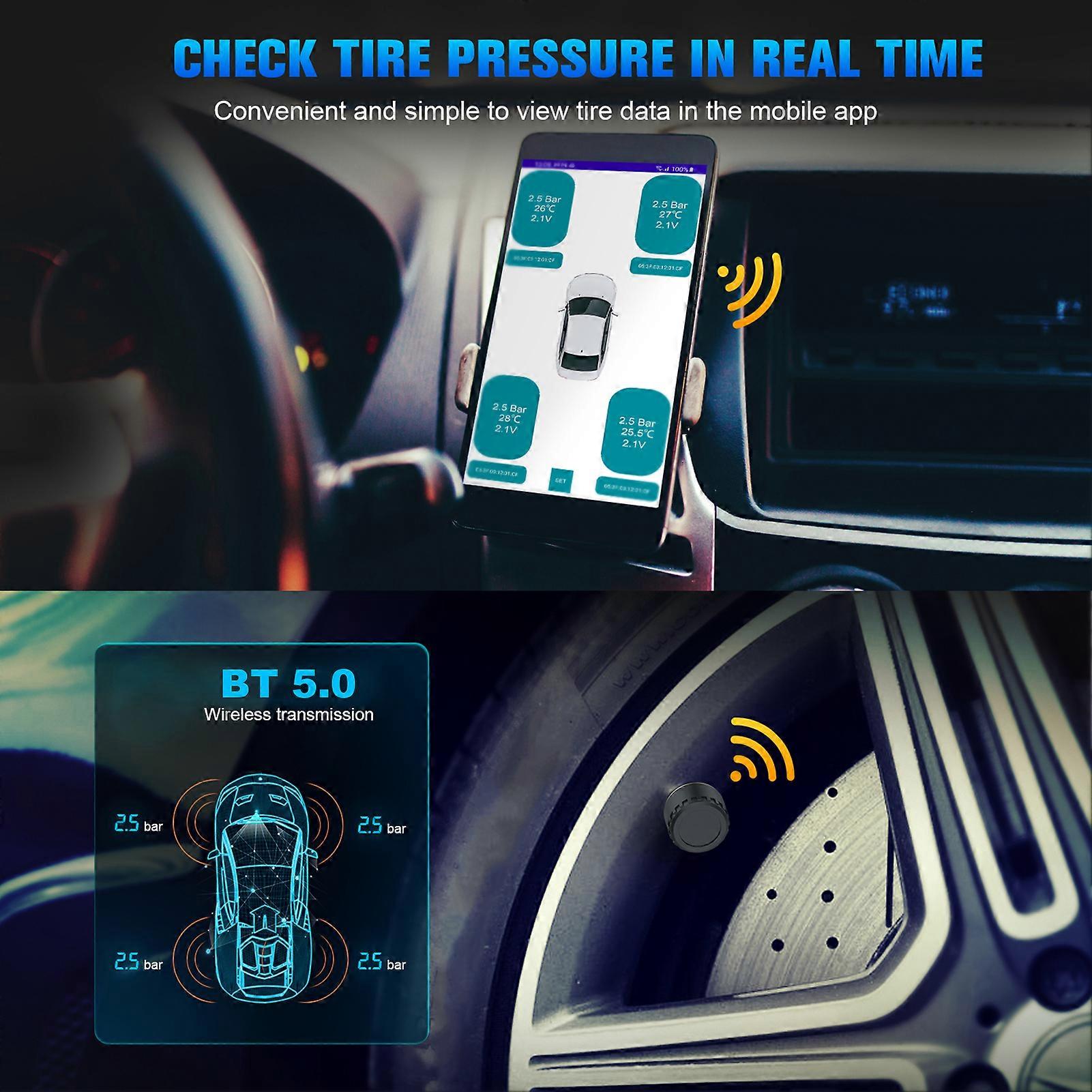 Tire Pressure Monitoring System Waterproof Car Tyre Alarm BT 5.0 Wireless Transmission Real-time Displays Pressure and Temperature