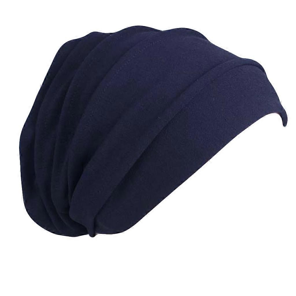 Unisex Pamuk Uyku Şapkası Kanser Bere Müslüman Türban Saç Dökülmesi Kemo Şapka Pileli Lacivert