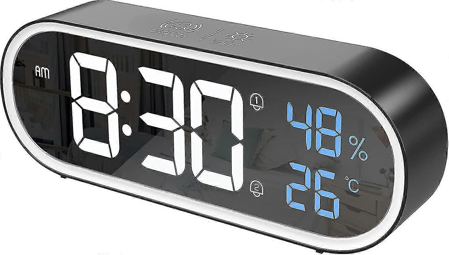 Dww-mirror Digital Alarm Clock, Led Digital Clock, Large Time/temperature/humidity Display, 40 Ringtones, Usb Charge, Black Alarm Clock