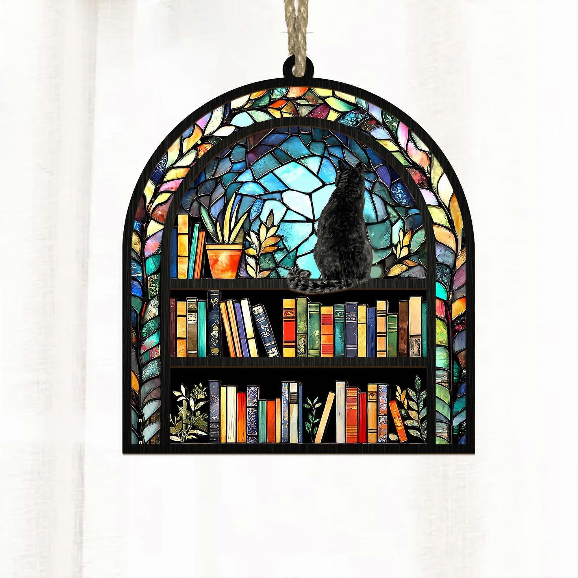 Cat On Bookshelf Christmas Suncatcher Stained Glass, Custom Cat Christmas Hanging