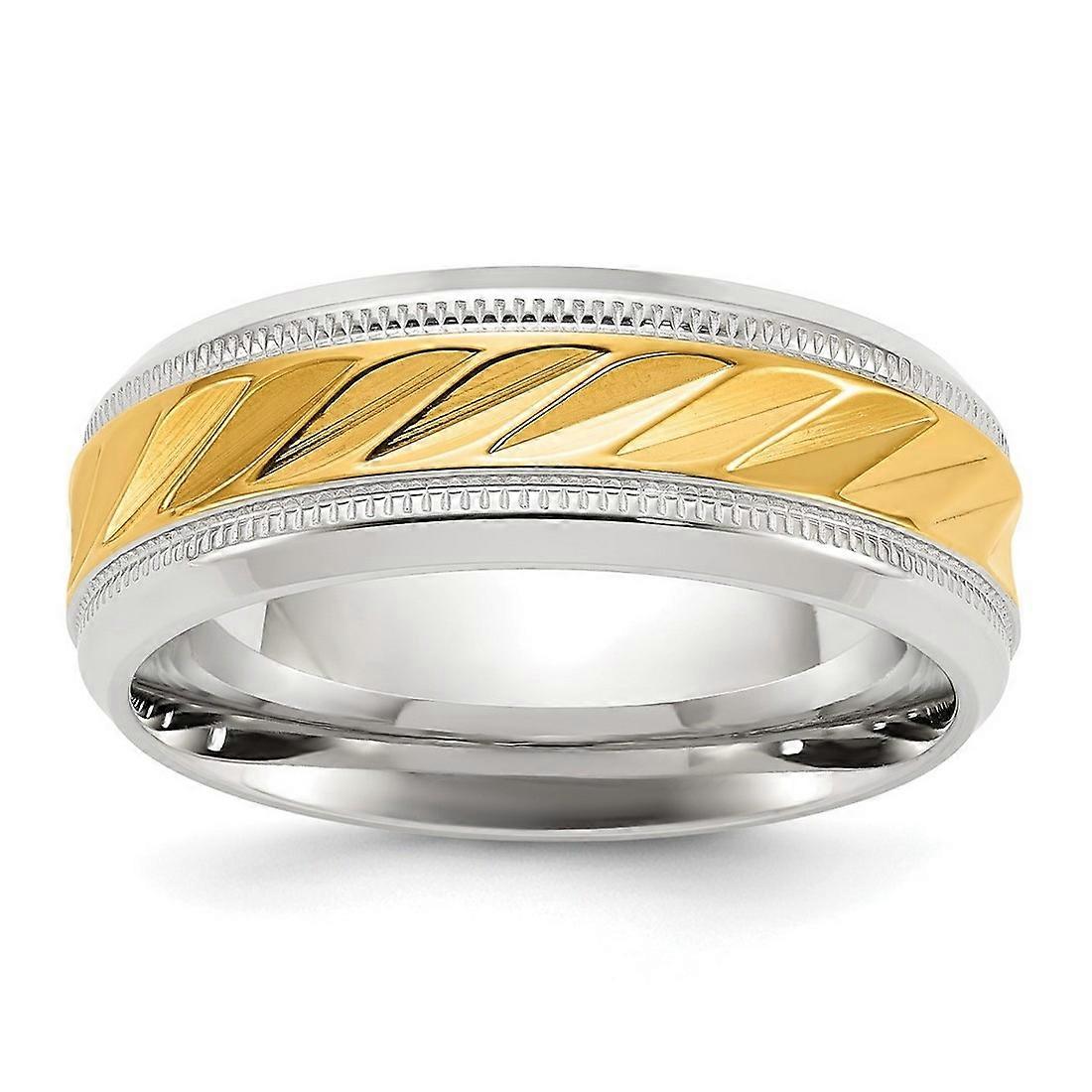Titanium Polished With Yellow Ip Plated Grooved Center 8mm Band-Band Style Ring for Women and Men - Ring Size: 8 to 13