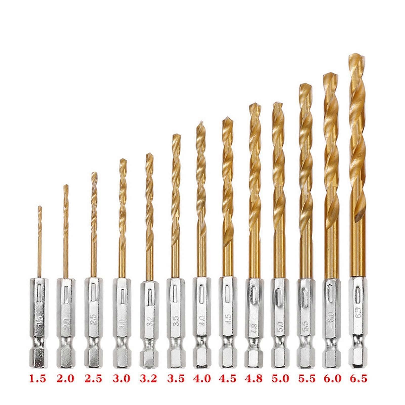 High Speed Steel Drill Bits Set 1.5-6.5 Mm Hexagon Handle 13 Pieces Hand Tool Kit for Wood and Metal