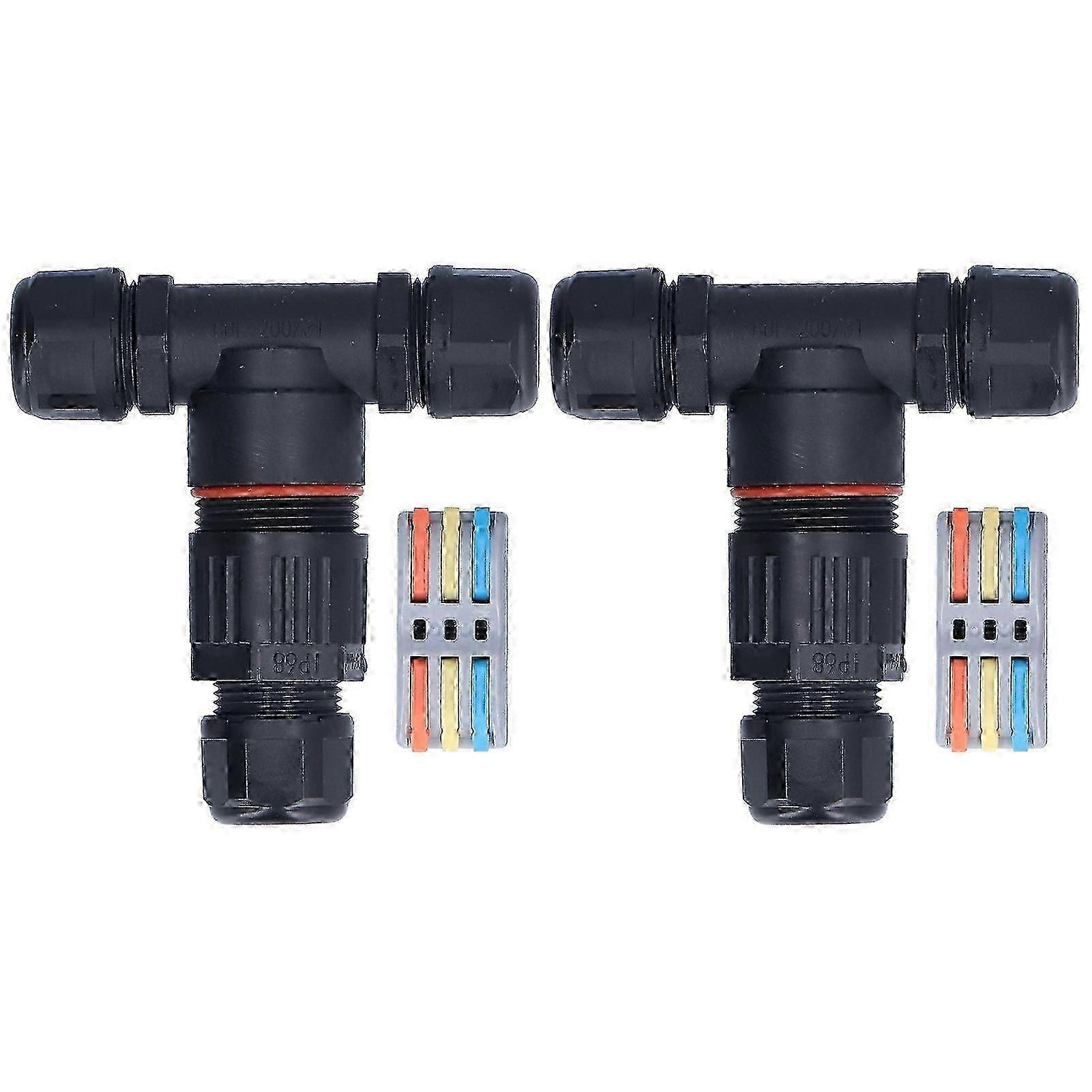 2pcs 3 Way Junction Box Wasserdichter T-förmiger Kabelstecker für Außen-Flutlichter 3 In 3 Out Elektrisches Sicherheitsinstallationszubehör