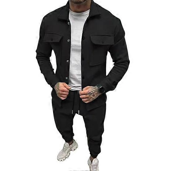 2Pcs/Set Men Sportwear Set Lapel Long Sleeve Flap Pockets Coat Elastic Drawstring Waist Long Trousers Set Loose Fit Activewear Sports Casual Wear