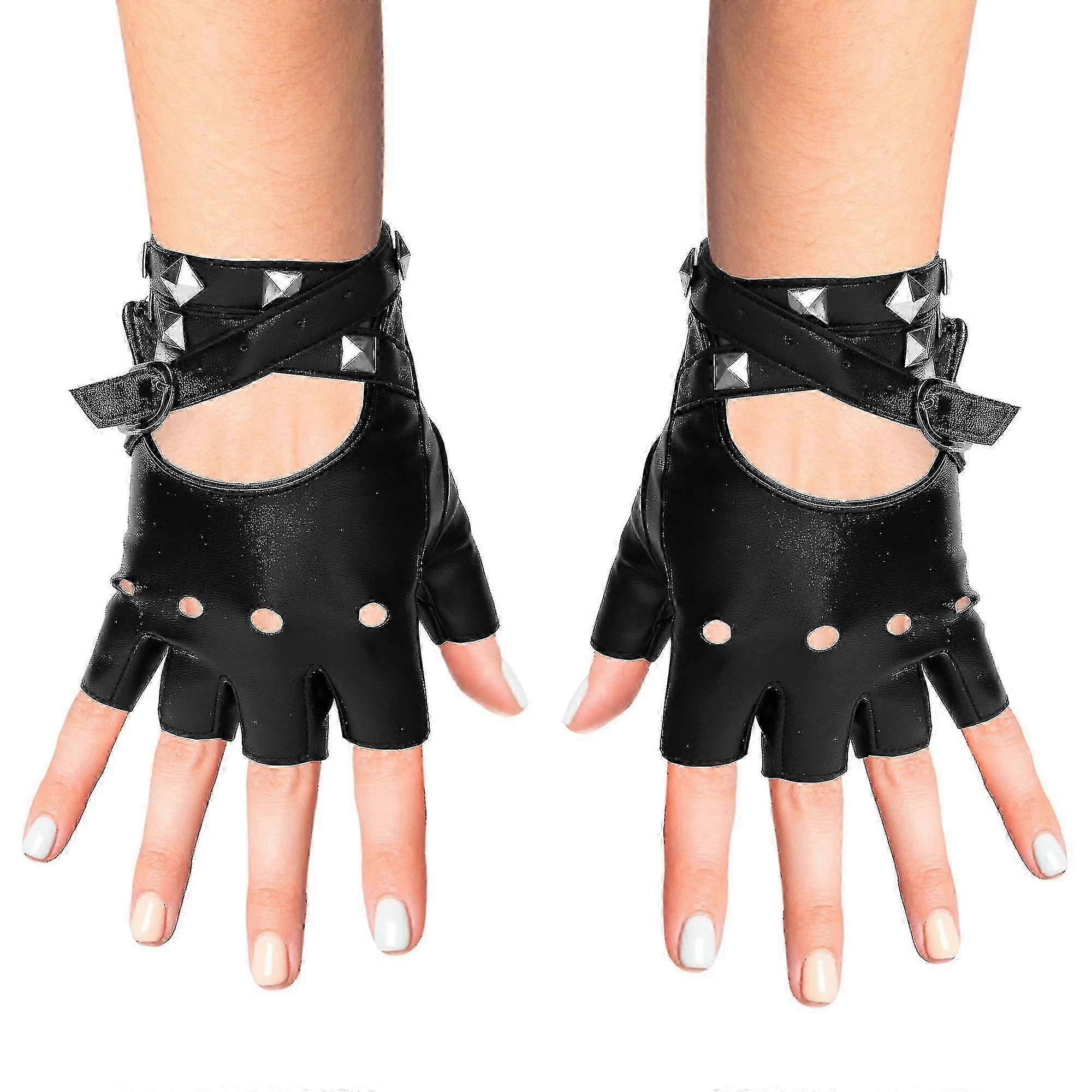 Fingerless Faux Leather Gloves - Black Cyclist Punk Gloves With Belt Closure And Studded Design