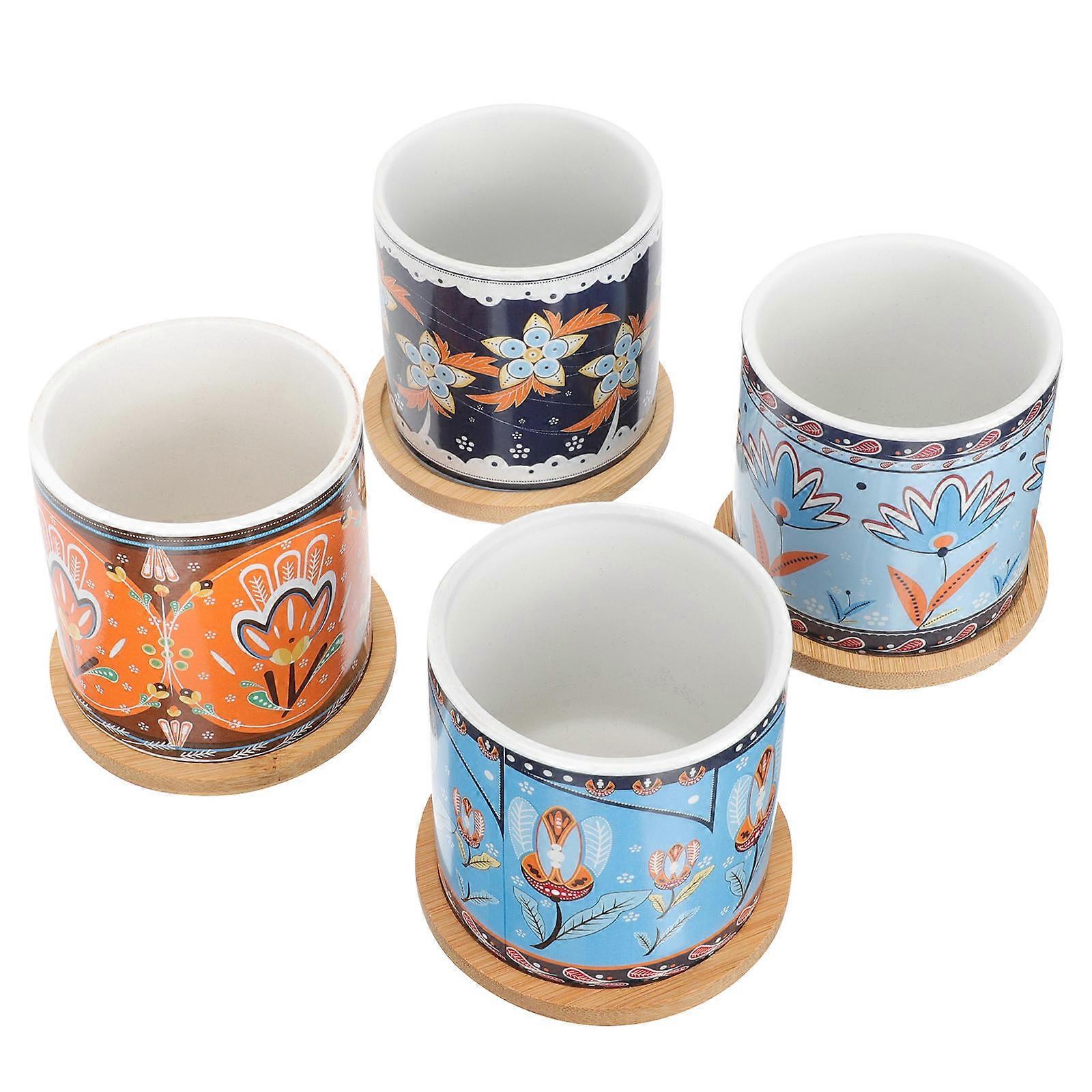 Planter Flower Pots Ceramic Small Plant Pots Creative Succulent Containers and Trays Indoor Decoration Square Shape 4Sets