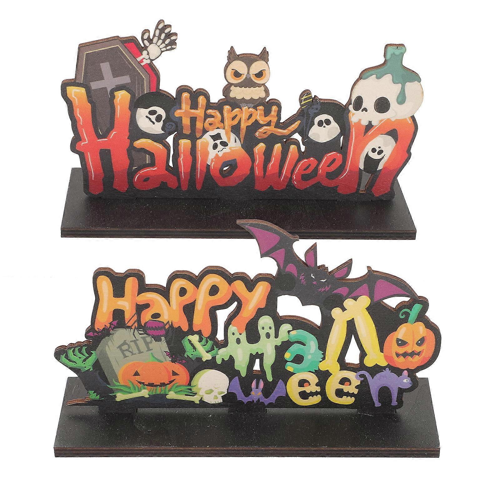 Halloween Tabletop Decorations Sign Halloween Party Wooden Centerpiece Desktop Centerpieces Assorted Color 21x10cm Decorative 2Pcs