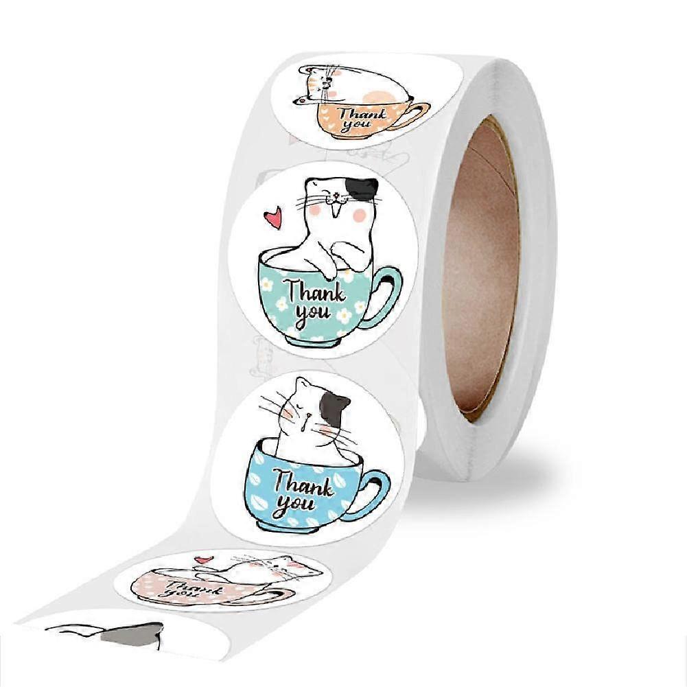 Cute Cat Thank You Stickers - 1 Roll 500 Sheets Round Adhesive Labels for Gifts, Greeting Cards, and Stationery Decor