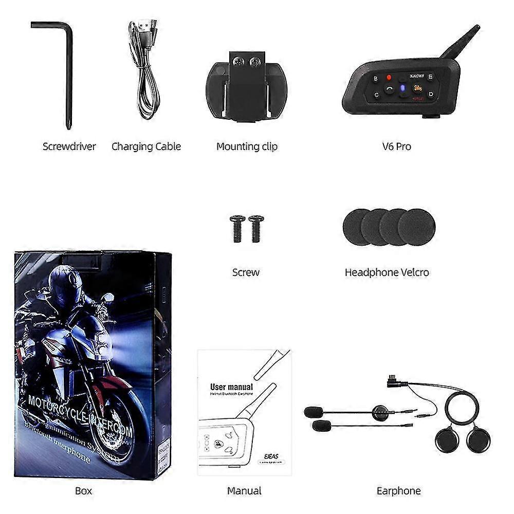 V6 Plus Motorcycle Helmet Headsets Bluetooth 5.0 Wireless Intercom Walkie-Talkie Handsfree Music 1500M Communicator for 6 Riders Dual Mic