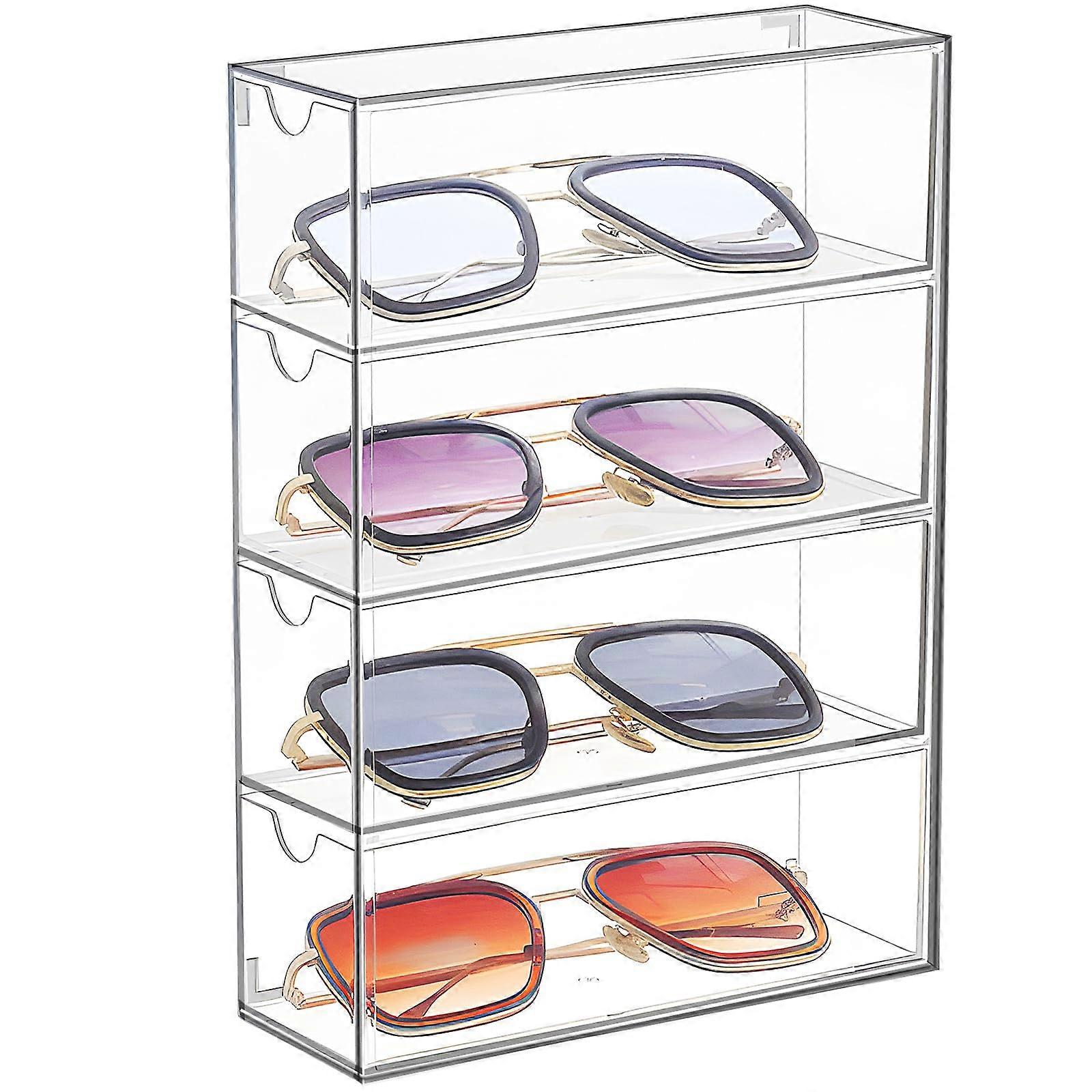 Glasses Storage Box, Acrylic Clear Eyewear Tray with 4 Drawers