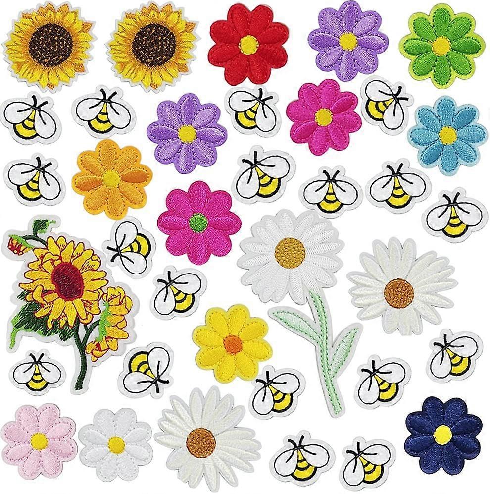 36pcs cute sunflower daisy patches, embroidered bee iron-on patches