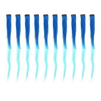 10pcs Colored Clip In Haarteil Gradient Lange Gerade Synthetische Haarverlängerung Haarteil für Cosplay Party Dunkelblau Gradient HellblauYMMR)