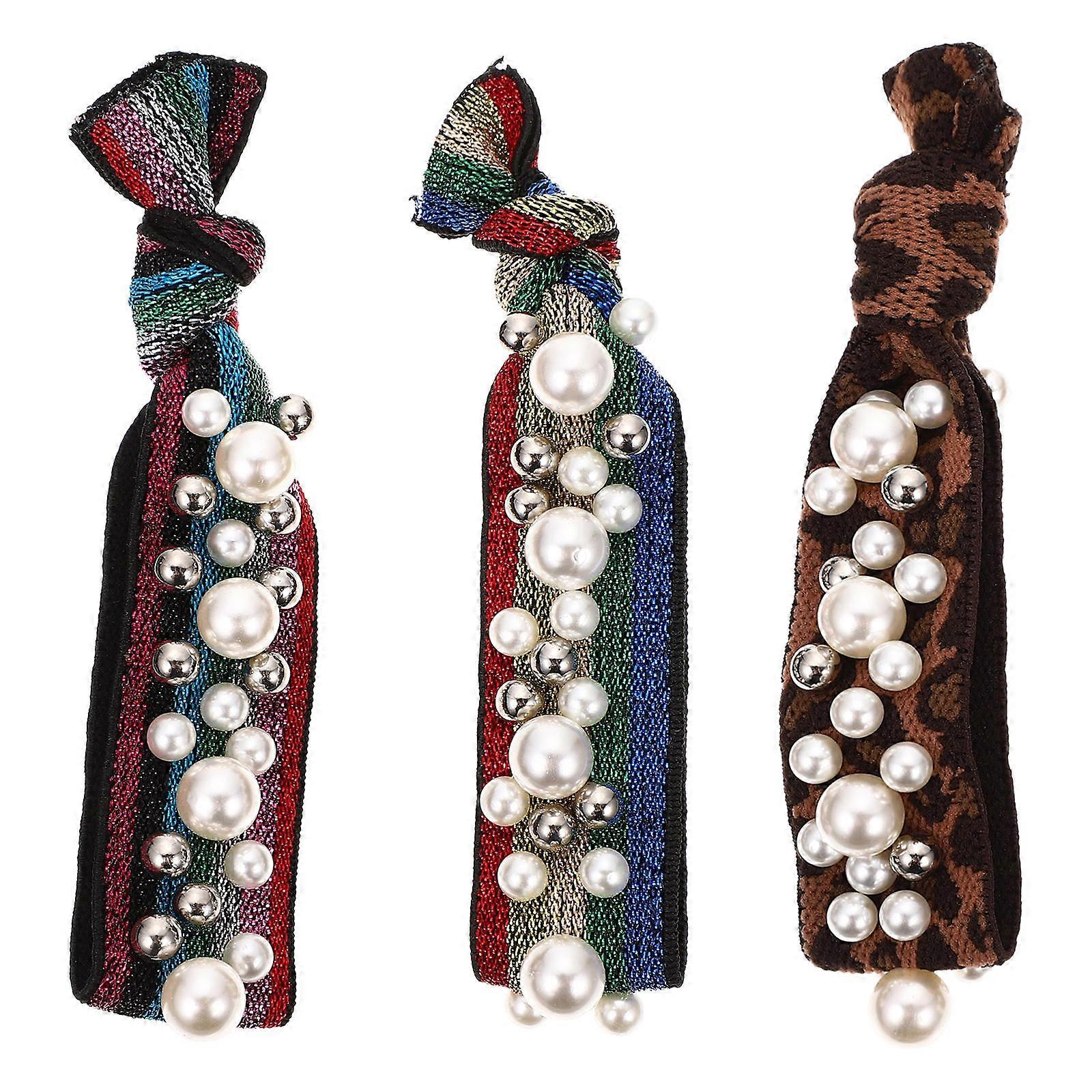 Pearl Leopard Print Hair Rings 3pcs Elastic Spiral Ponytail Holders for Women