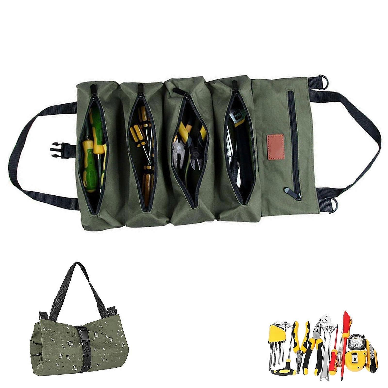 Tool Roll Bag, Tool Bag, Small, Canvas Wrench Tool Bag with 5 Zip Pockets, Ideal for Plumbers, Craftsmen and Electricians, Green