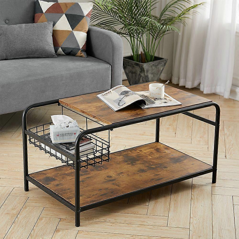Industrial Wood Coffee Table with Wire Basket Storage Top