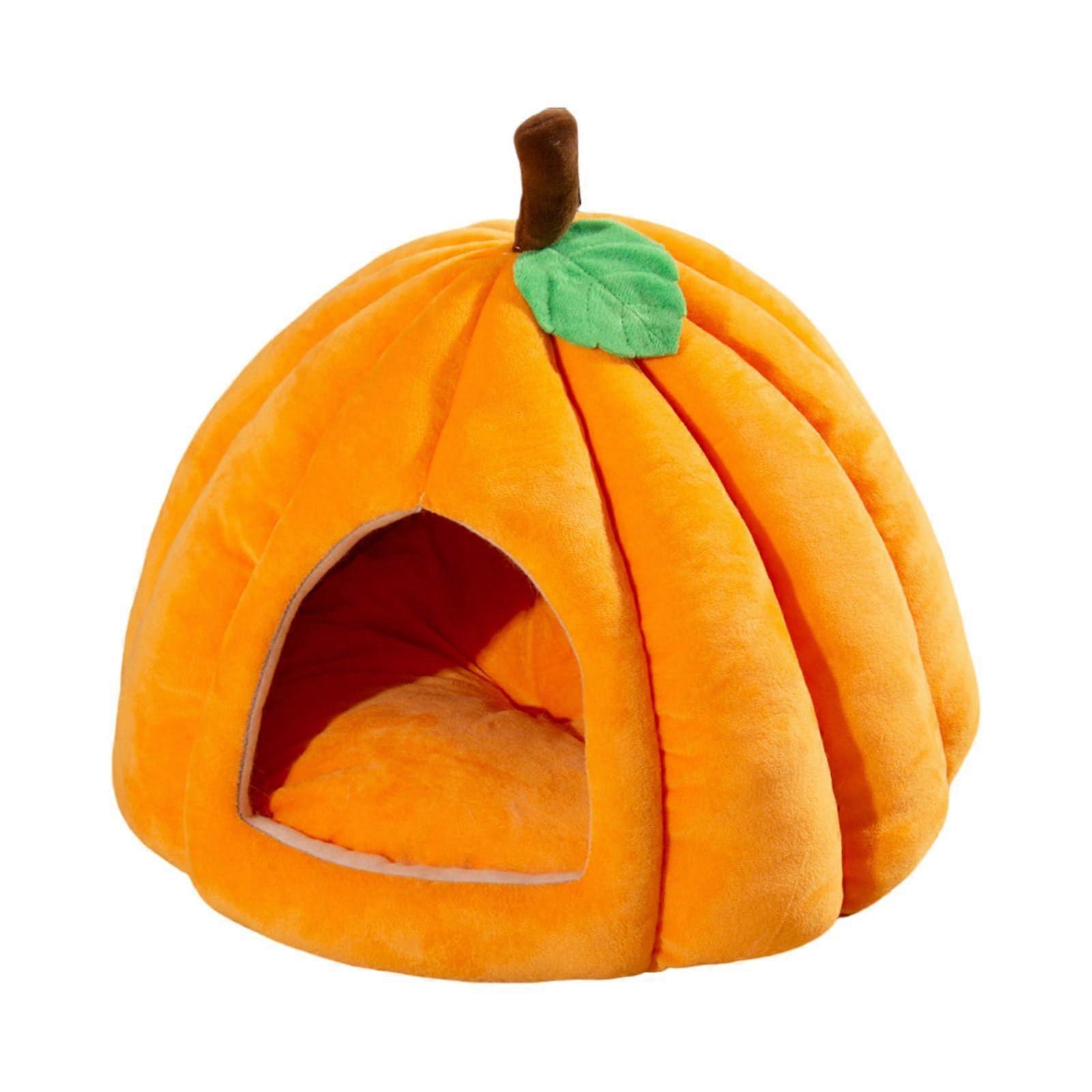 Pet bed with removable cushion, soft handle, cute pumpkin cartoon design, cat cave, removable cushion in orange/sunset zigzag pattern (Sunset Chevron)