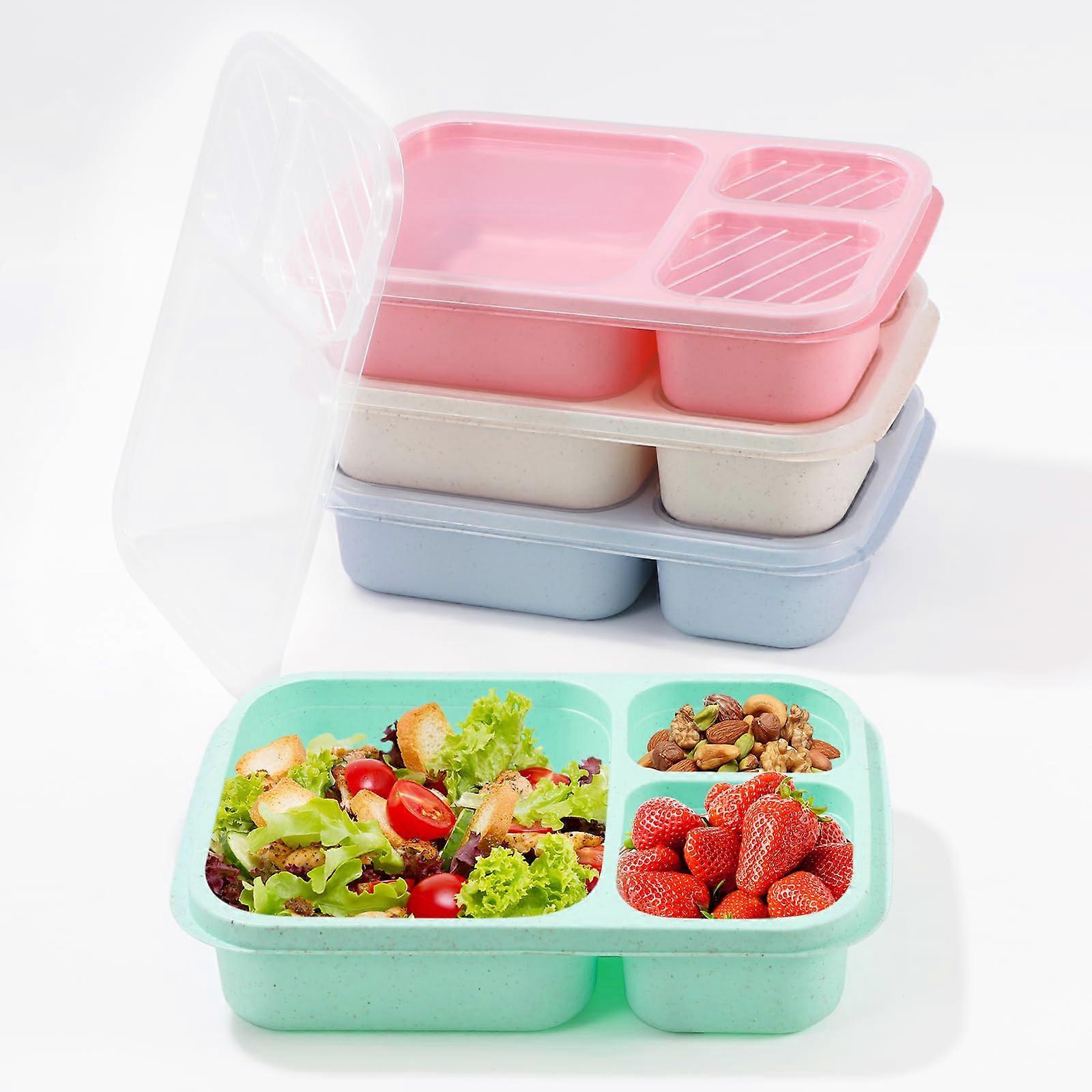 4 Pack Bento Snack Boxes with 3 Compartments, Reusable Lunch Containers for Meal Prep, Kids and Adults, Green/Blue/Pink/Beige