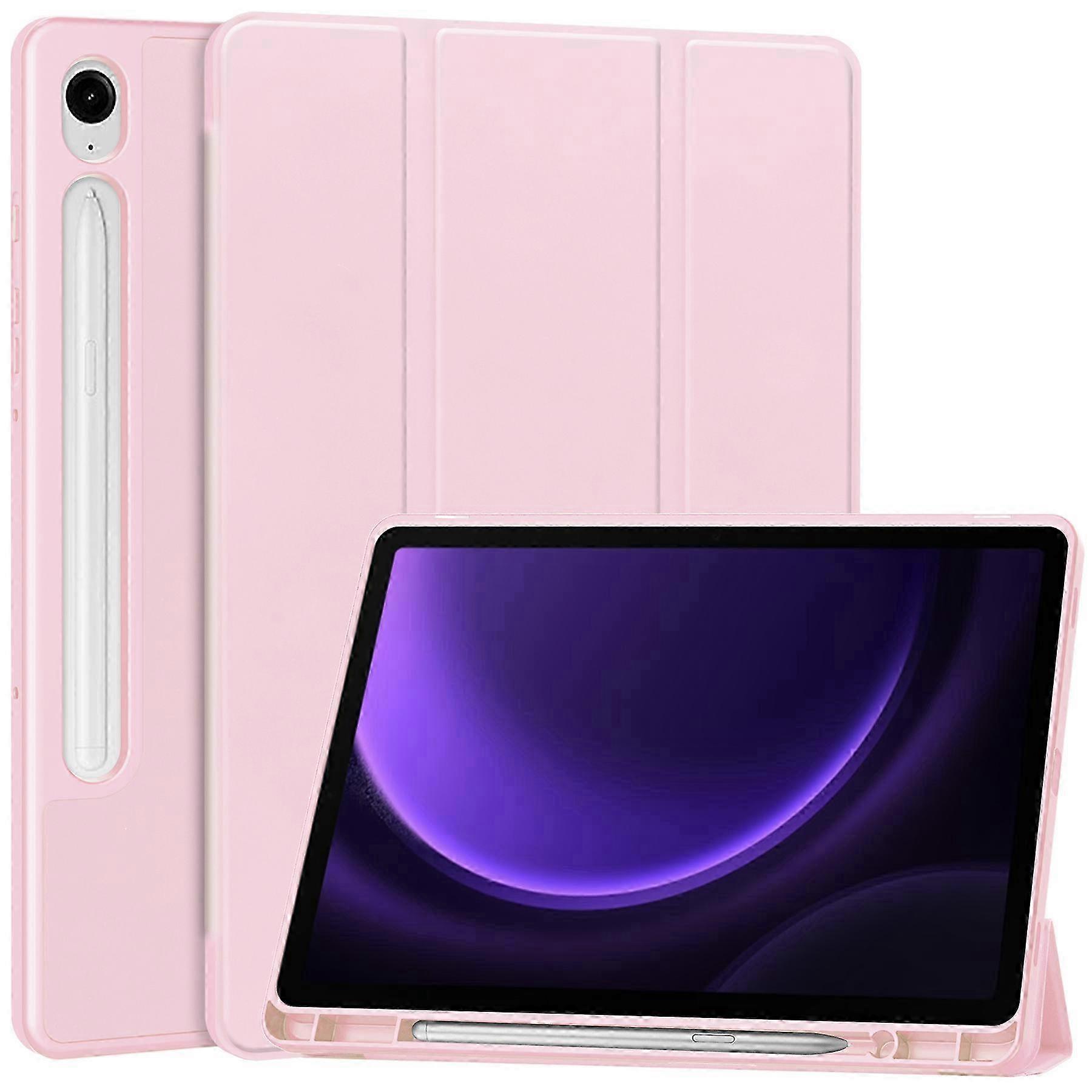 Para Galaxy Tab S10 FE S9 FE Capa de Couro Tri-Fold com Slot para Caneta Capa para Tablet Rosa