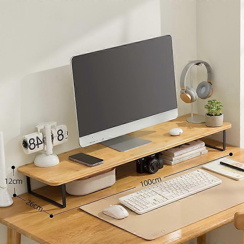 120cm Length Monitor Riser Stand for Desktop Computer Bamboo Study Table Storage Shelf