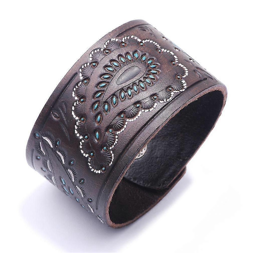 Wide Leather Punk Bracelet With Embossed Pattern