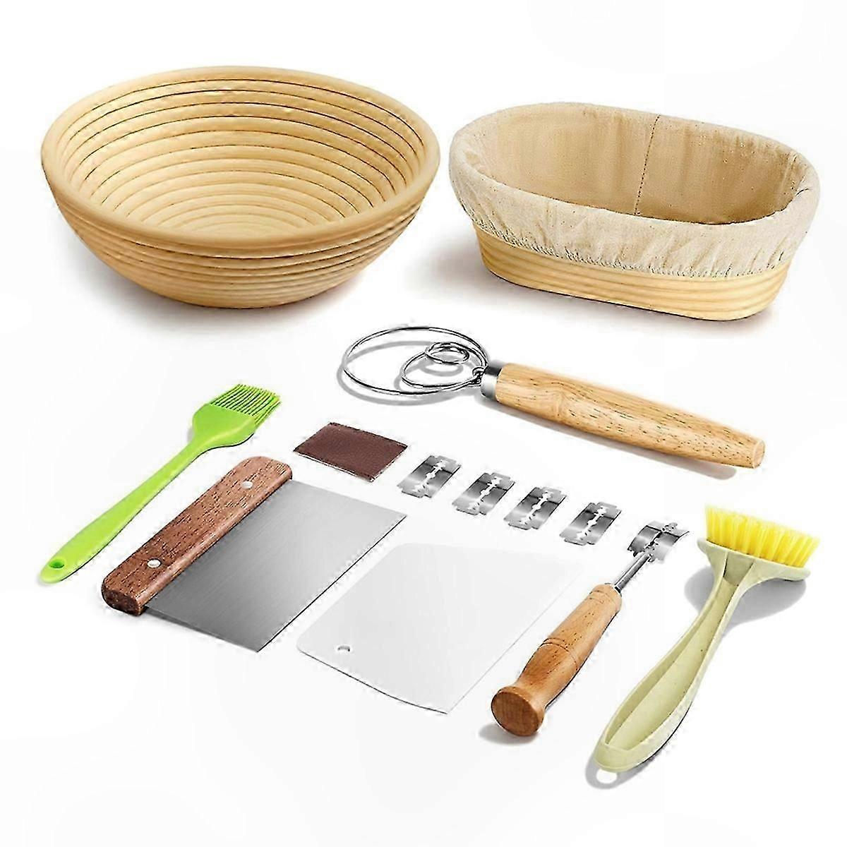 Oval Bread Proofing Basket Set with Dough Scraper and Silicone Pastry Brush for Baking