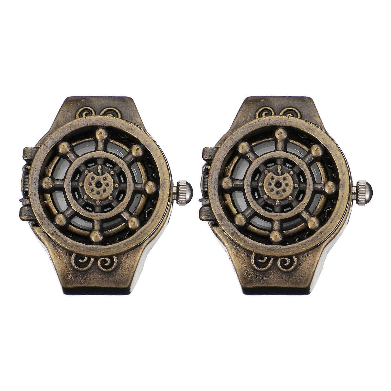 Vintage Ship Wheel Ring Watch for Decoration with Flip-Open Cover 2Pcs
