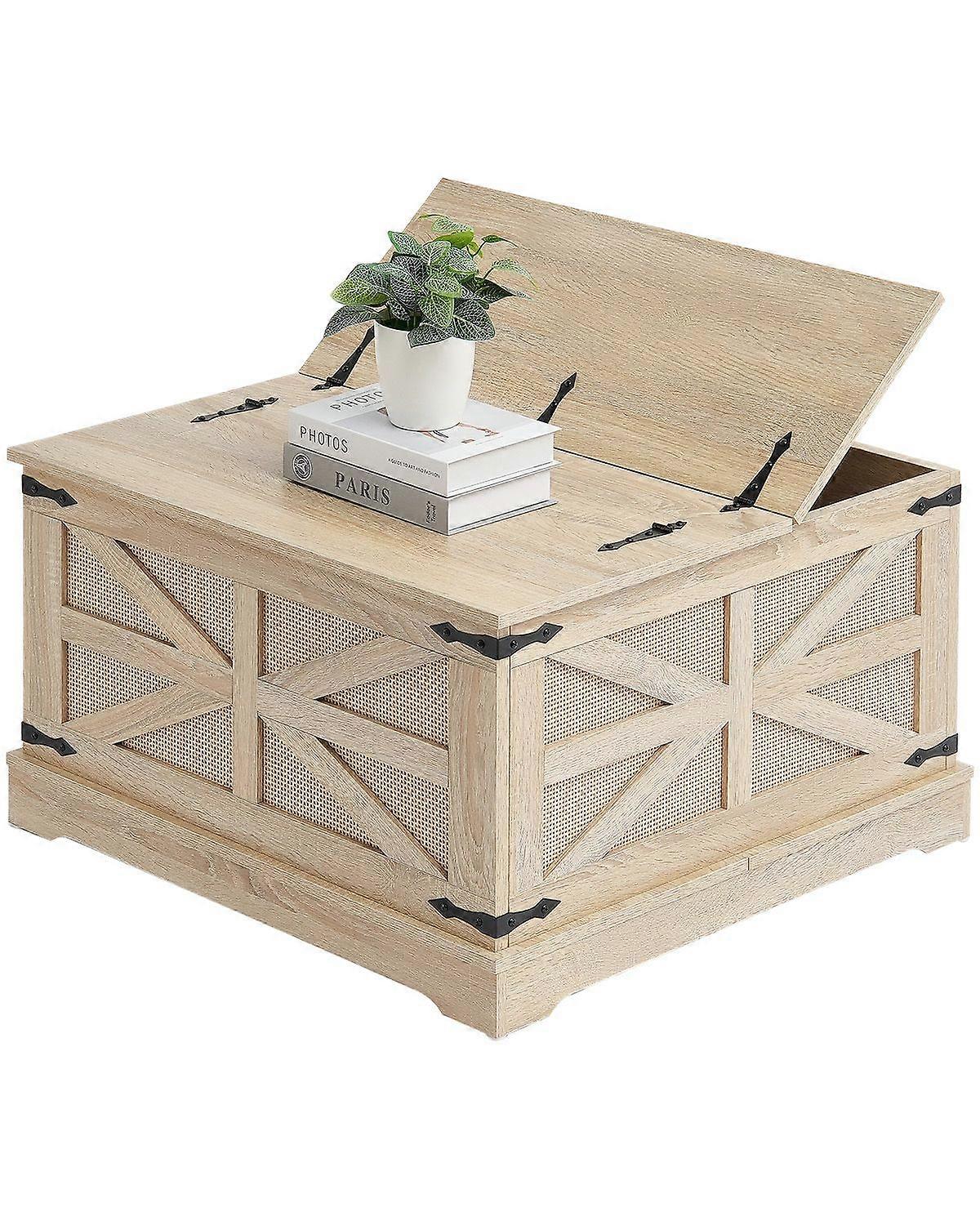 Rattan Coffee Table, Rectangle PE Rattan Woven Wood Coffee Table with MDF Top, 32-Inch Modern Boho Style Storage Coffee Table