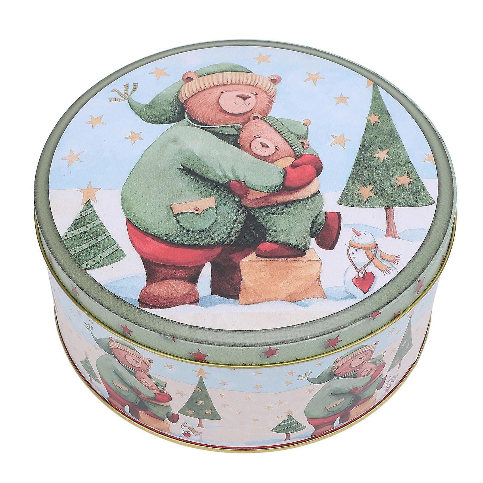 Xmas Iron Cookie Tin Round Box with Cute Hug Bear Pattern Storage