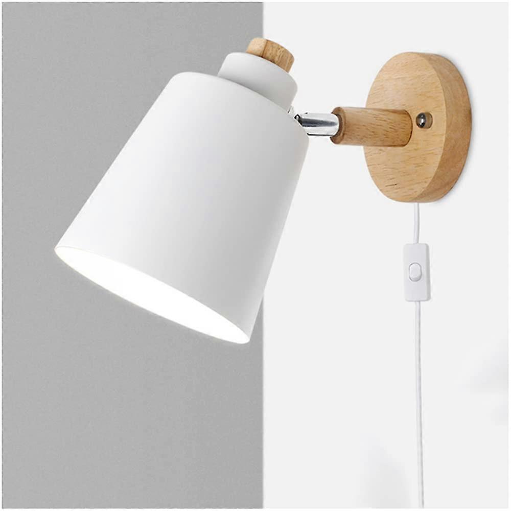 Modern Adjustable E27 Wall Lamp With Plug And Switch Wooden Bedside Reading Light White Wall Spotlight