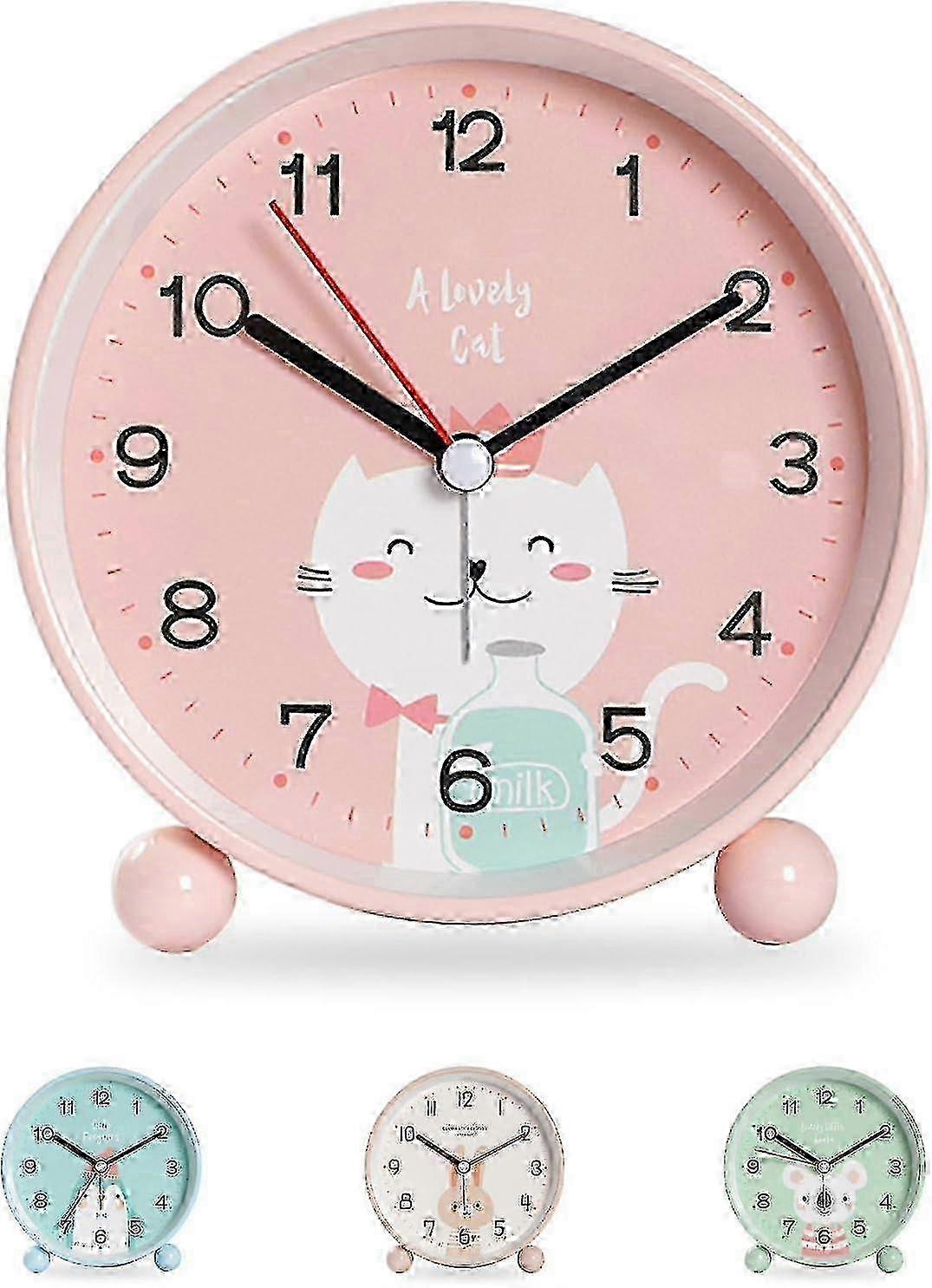 Educational Kids Alarm Clock with Day/Night Indicator, Non-Ticking Analog Design, Travel-Friendly Pink Cat Clock