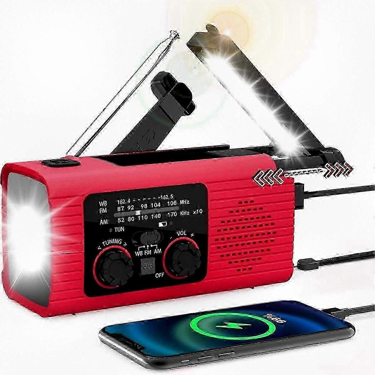 Multi-function Emergency Hand Crank Radio with AM/FM, Solar Power, SOS Alarm, and 4000mAh Battery in Red