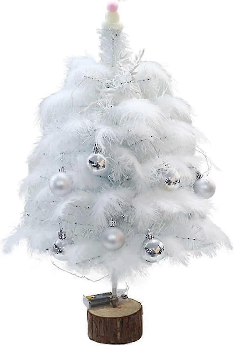 Small Tabletop Christmas Tree with LED Lights, White Feather Tabletop Christmas Tree with Glittery Elk, Ball Ornaments(60cm+Light)-B