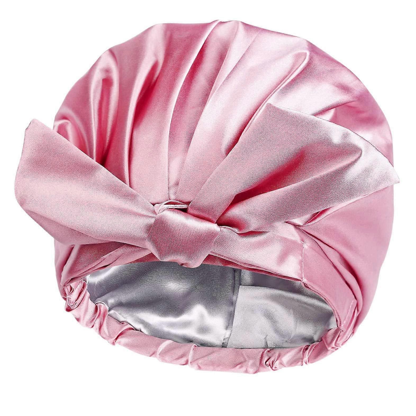 Shower Cap Bow Knot Style Double Layer Construction Reusable Hair Caps Adjustable One Size Fits Most Pink
