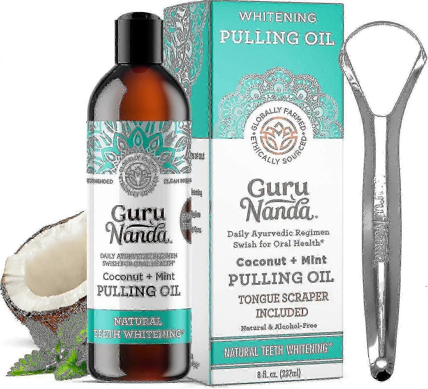 Gurunanda Oil Pulling (8 Fl.oz) avec de l'huile de noix de coco et de menthe poivrée avec un gratte-langue à l'intérieur