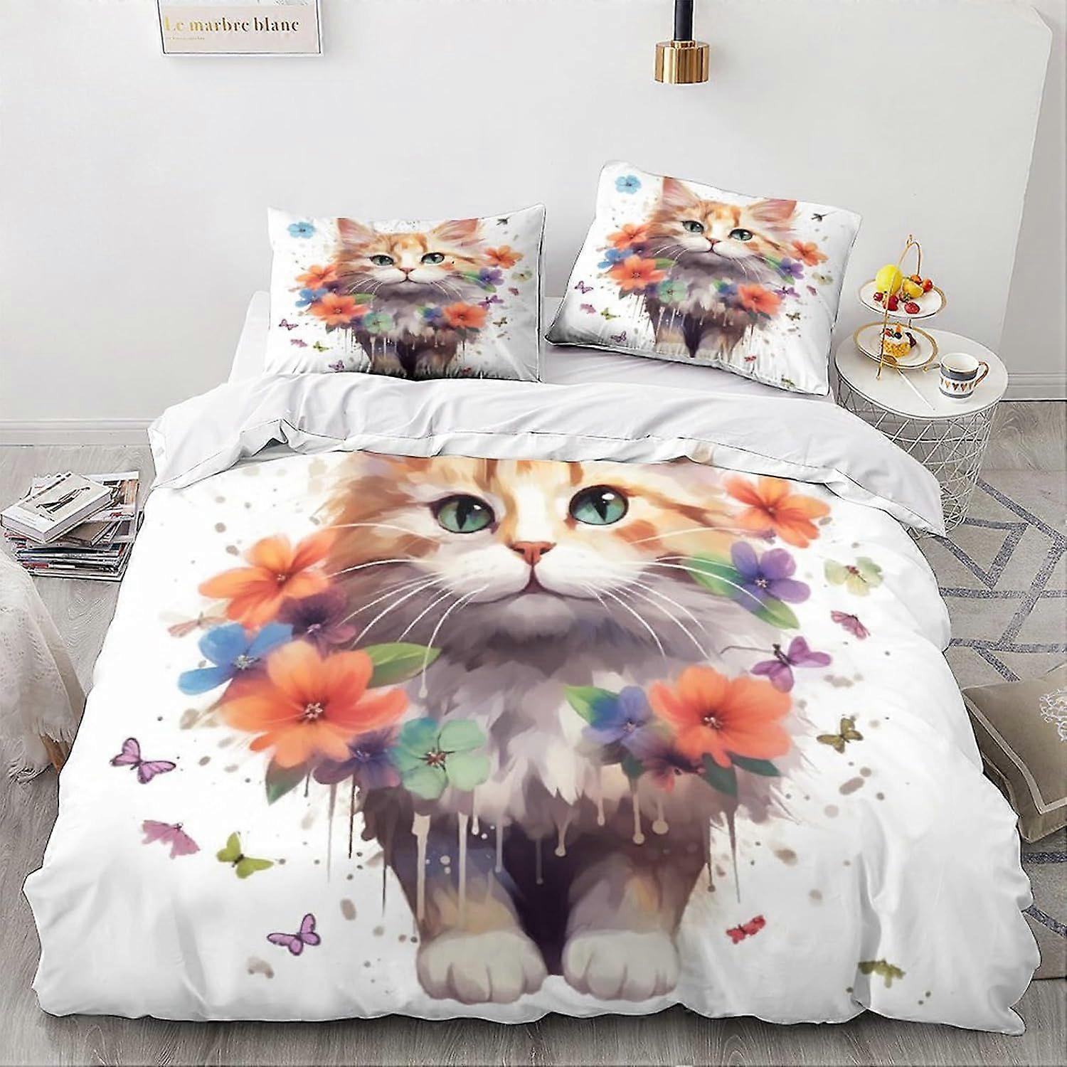 LikeEj Cat Povlečení Set, 3D Roztomilé Kitty Povlečení Set s Povlaky na polštáře z mikrovlákna a zapínání na zip Přikrývka Animal Printed Effect Double
