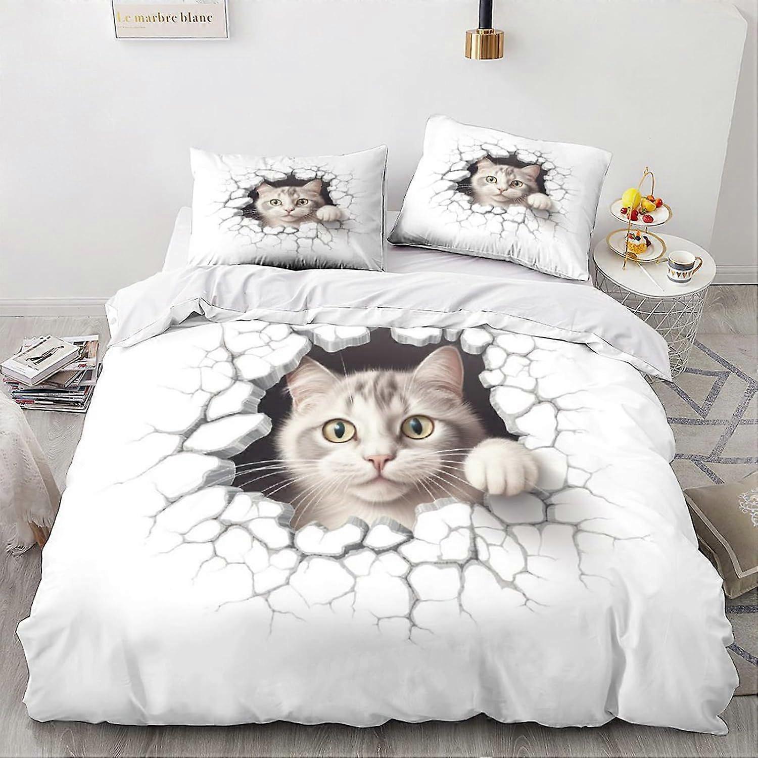 LikeEj gato roupa de cama edredom capa 3D bonito Kitty impresso edredom capa edredom com fecho de zíper, cama de animais King