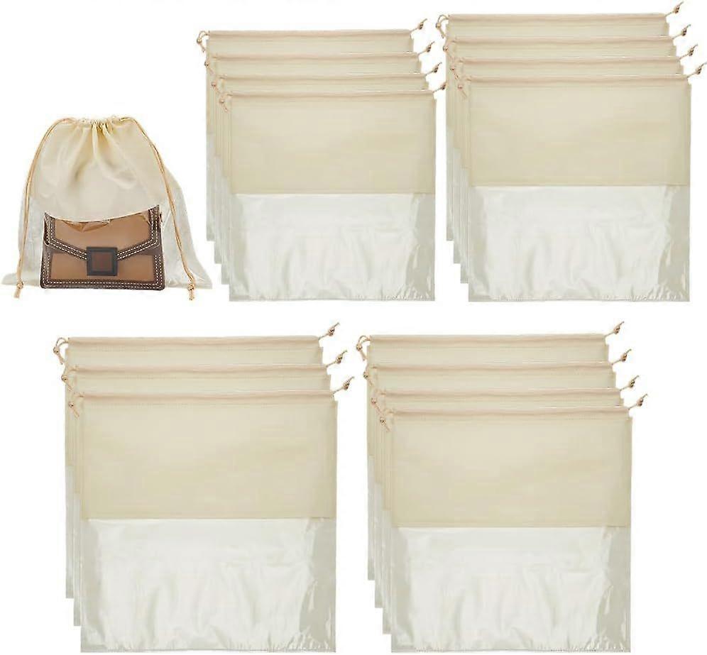 14pcs 4 Sizes Dustproof Drawstring Bags Travel Shoe Bags Creamy Square Non-Woven Storage Bag with Clear Window Large Pouch Storage Organizer for Handb