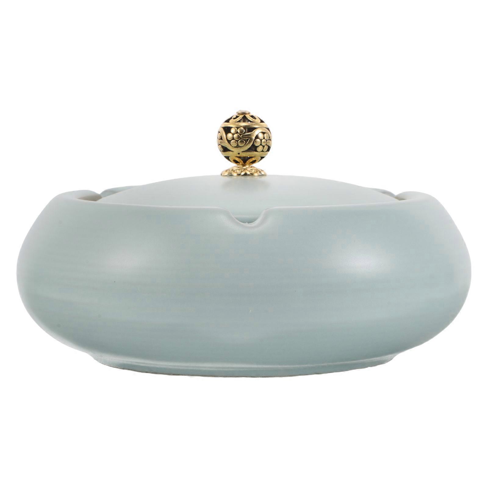 Decorative Blue Ceramic Ashtray with Lid for Smoking Use Indoor