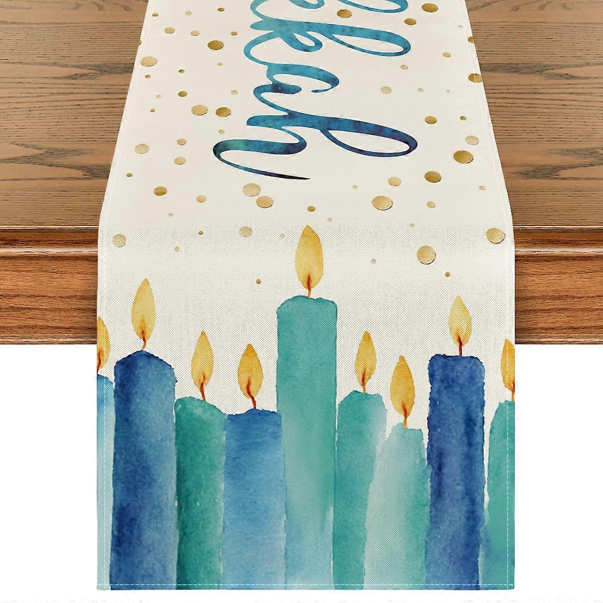 Blue Hanukkah Table Runner 13 x 90 Inch with Menorah Design, Heat and Fade Resistant Holiday Decor