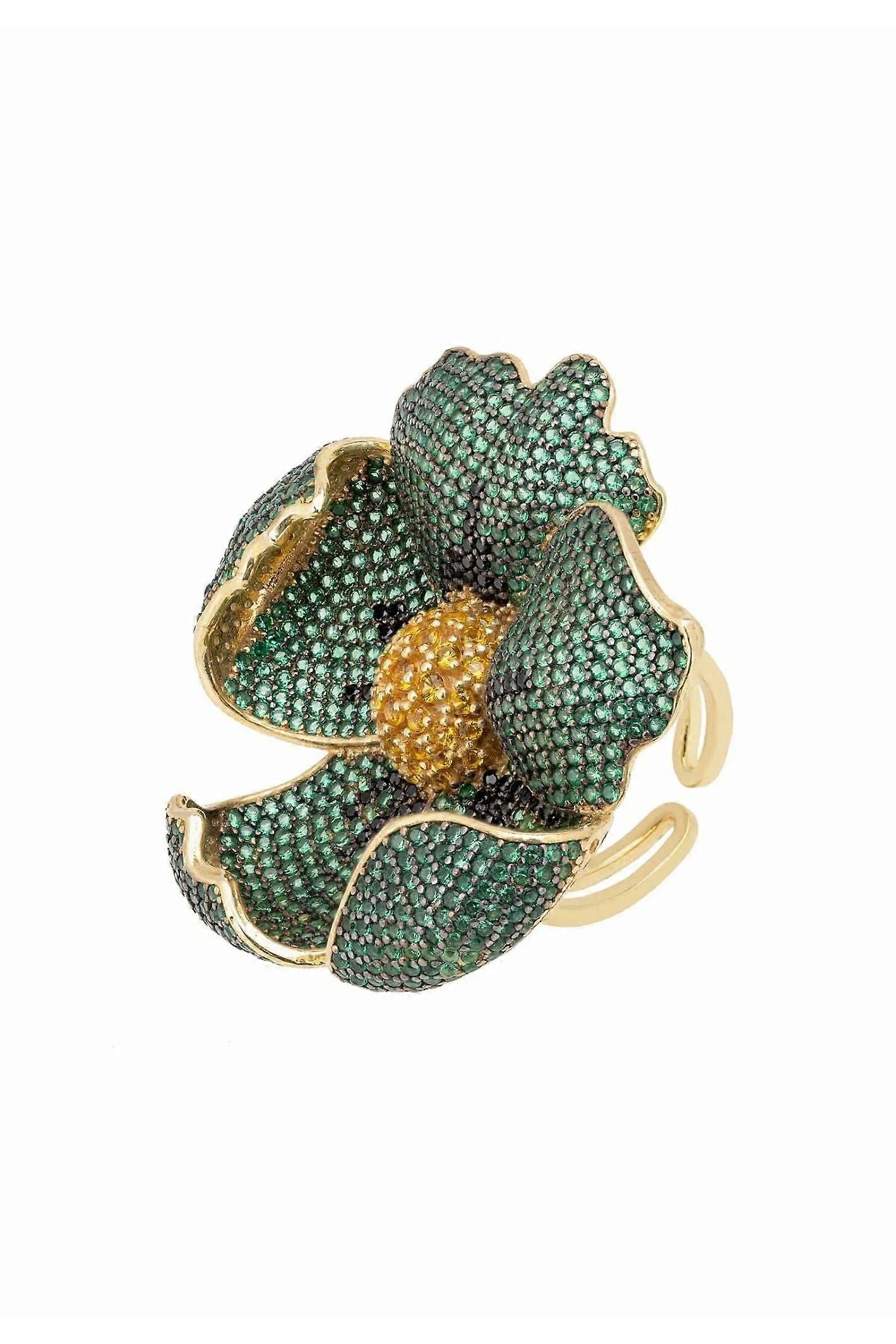 Latelita Women's One Size Adjustable Poppy Flower Gold Ring with Three Dimensional Emerald Green and Black Cubic Zirconia - Symbol of Eternal Life