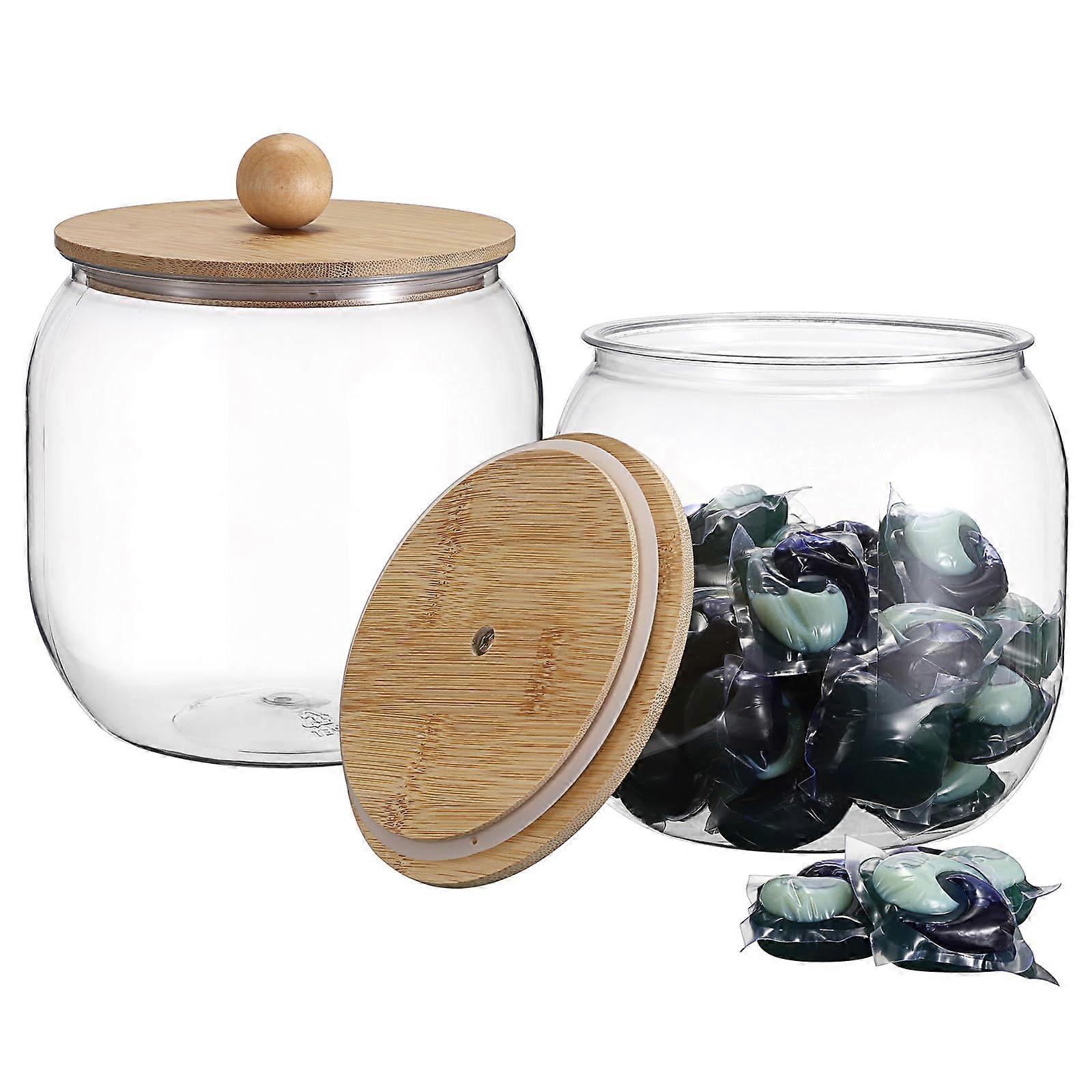 2Pack Clear Plastic Laundry Pod Container with Airtight Bamboo Lid for Laundry Room Storage
