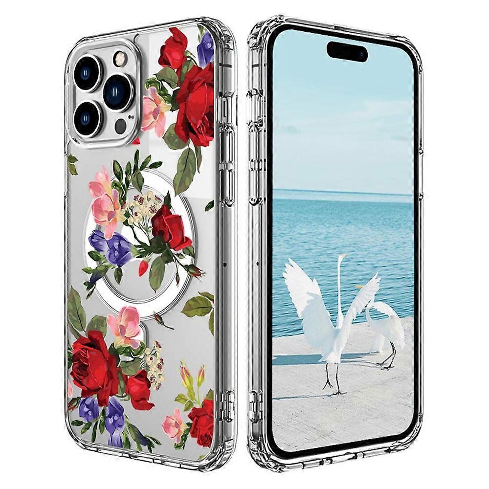 For iPhone 15 Pro Max Case Compatible with MagSafe Flower Pattern Printing TPU+PC Phone Cover