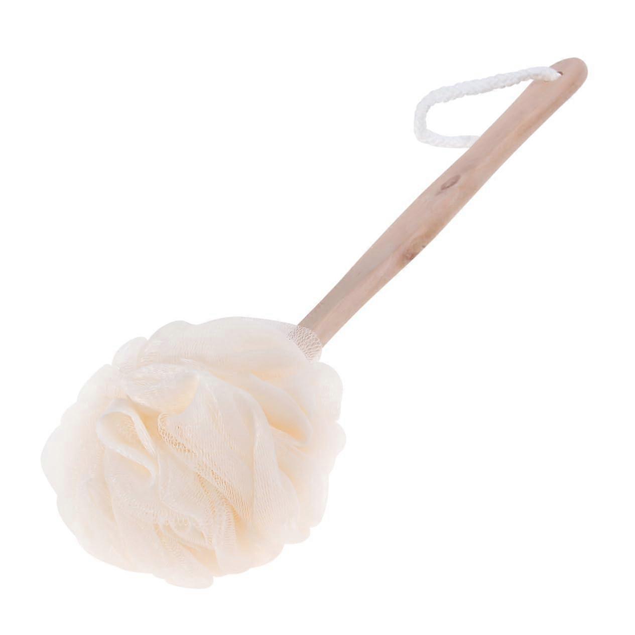 Bath Sponge Brush with Long Wooden Handle for Shower Exfoliation, QuickDrying Mesh Pouf