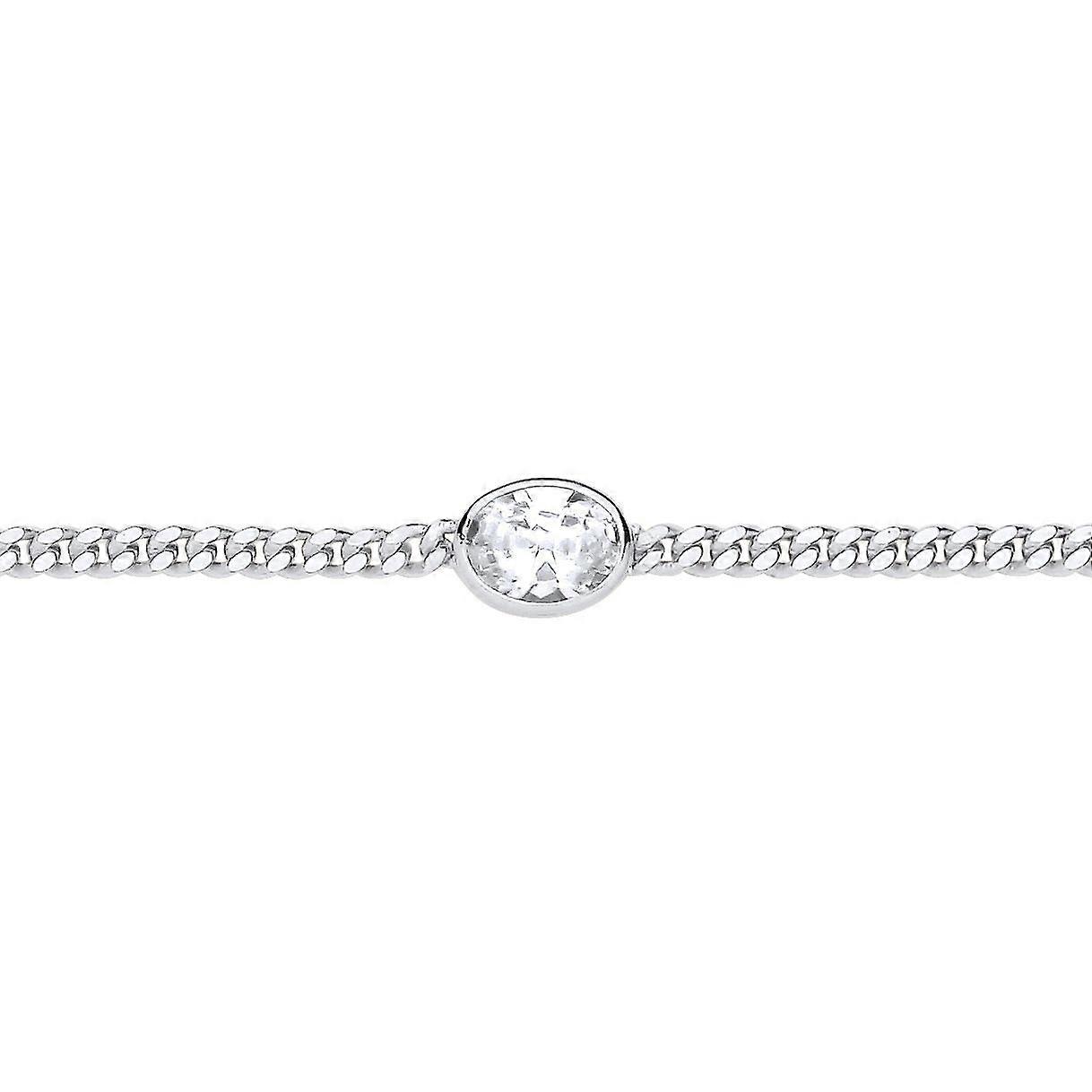 Jewelco London Ladies Rhodium Plated Sterling Silver Oval CZ Bezel Solitaire Curb Chain Bracelet 3mm 7.5 + 1 inch