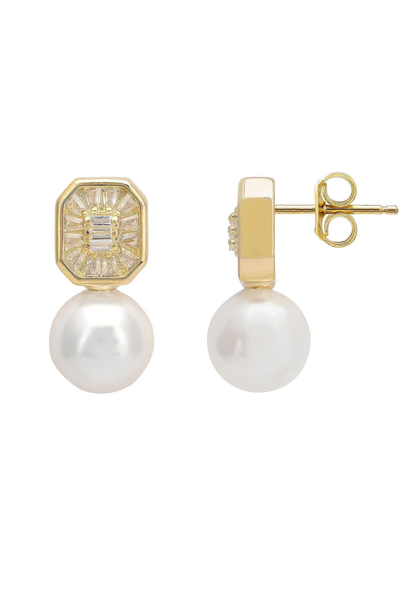 Pearl Rectangular Cz Drop Earrings Gold