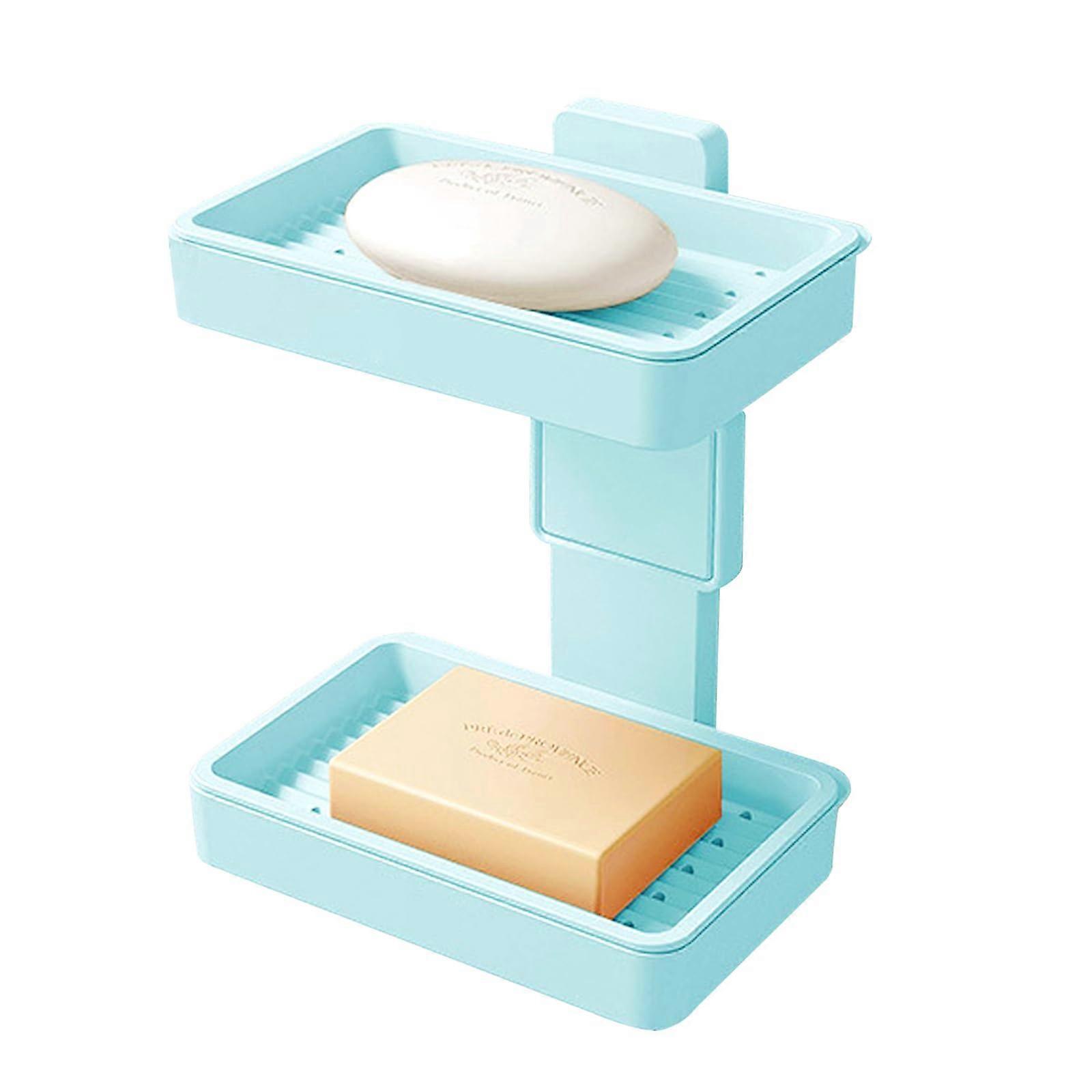 Soap Dish Wall Mount Self Adhesive Double Layer Drainage Waterproof Rustproof for Bathroom Kitchen Blue