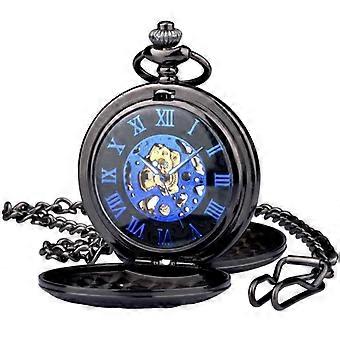 Orologio da tasca da uomo Zeiger, stile retrò, stile steampunk, meccanico, in lega nera, numeri blu, aperto su due lati, pendente
