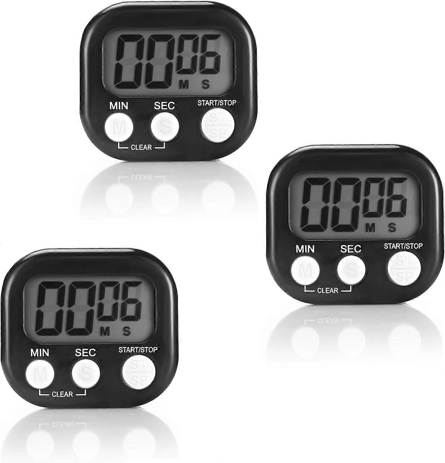 3-Piece Magnetic Kitchen Timer Set, Foldable Stand, Stopwatch with Large LCD Screen (Black)