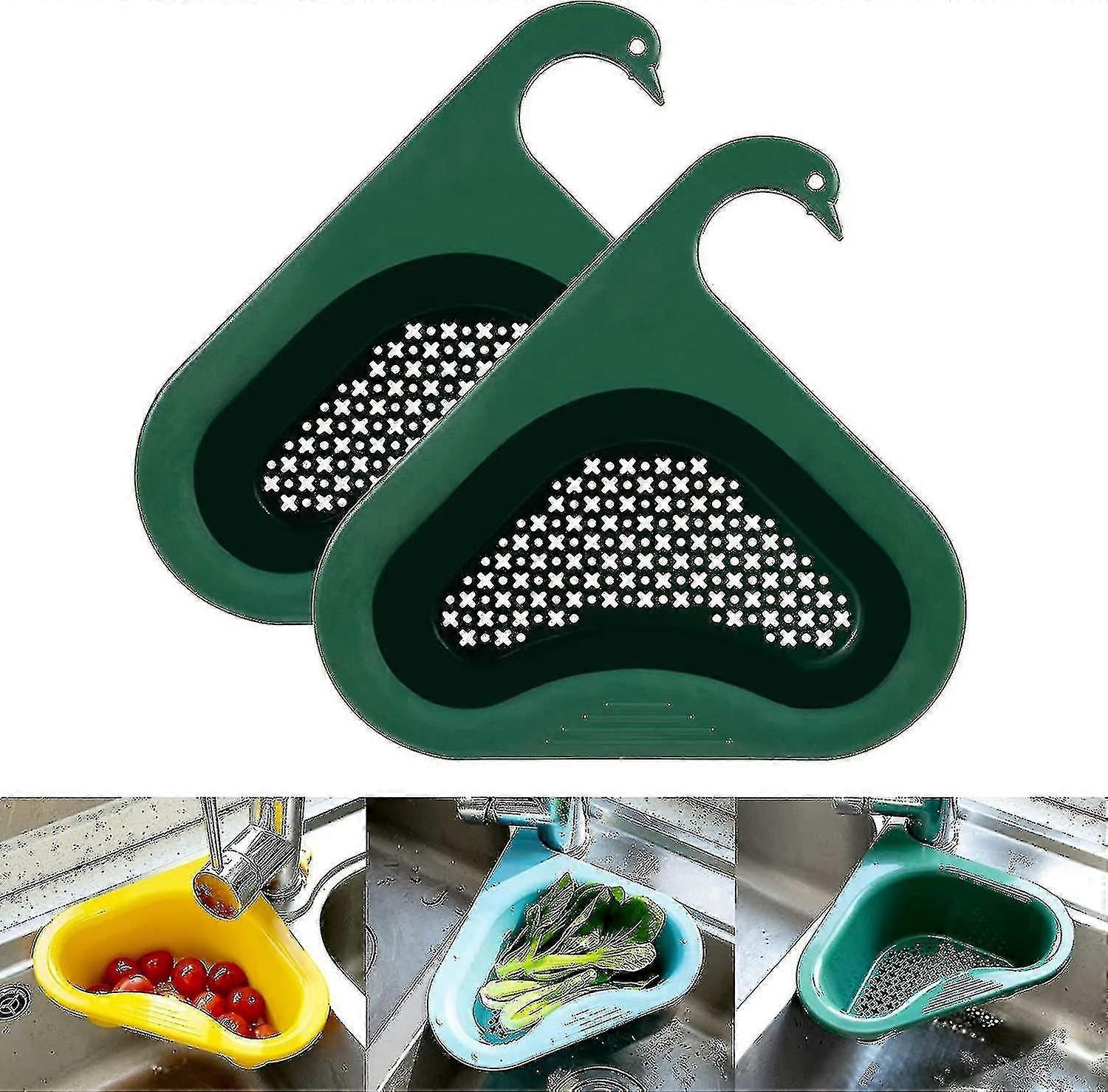 2 Pcs Multi-functional Hanging Filtering Triangular Drain Shelf, Corner Kitchen Sink Strainer,green