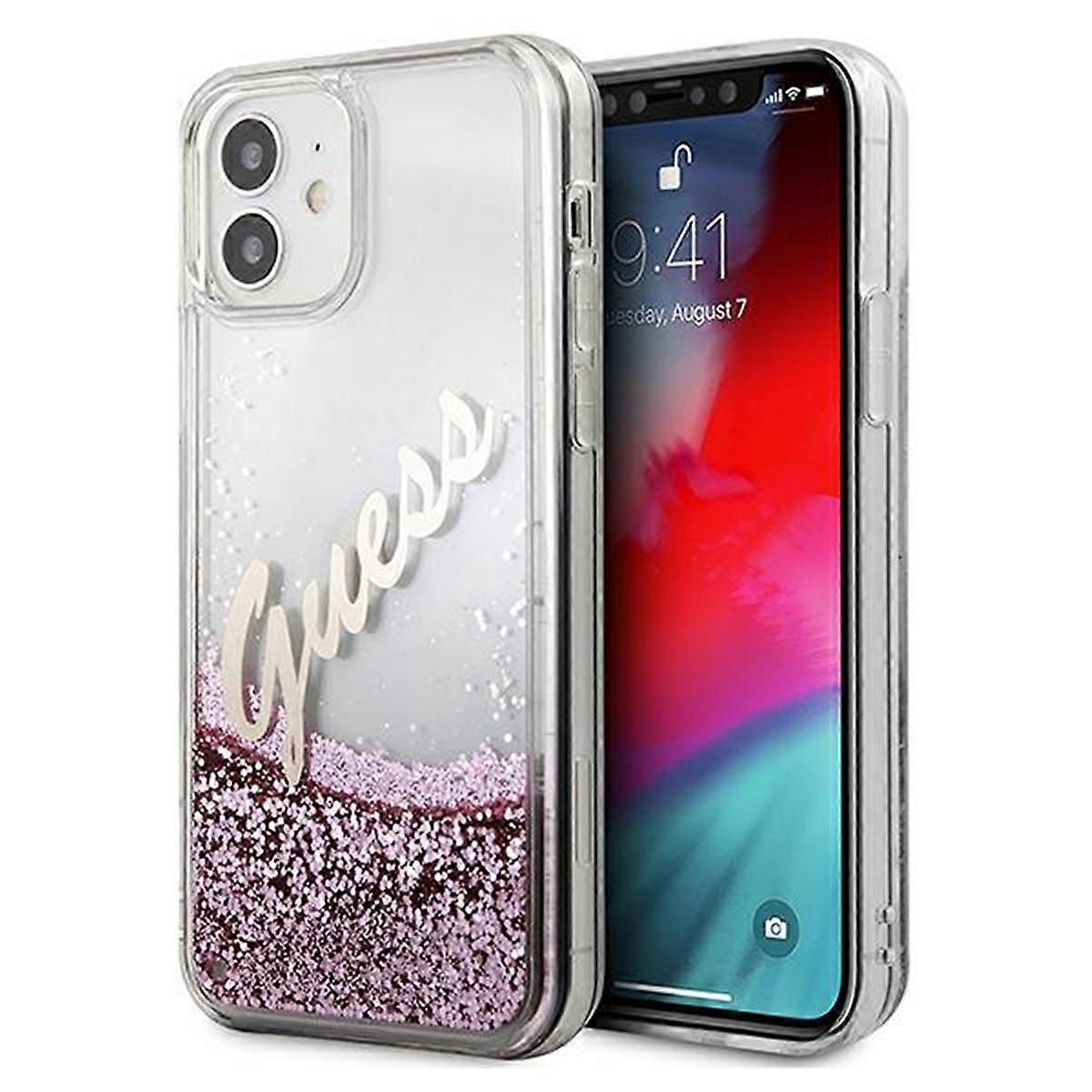 Guess Apple iPhone 12 Mini Pink Glitter Vintage Script Case Cover Case 